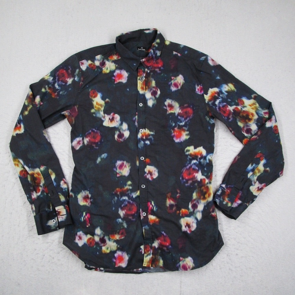 PS Paul Smith Mens Floral Print Button Down Shirt Long Sleeve Cotton Navy Medium